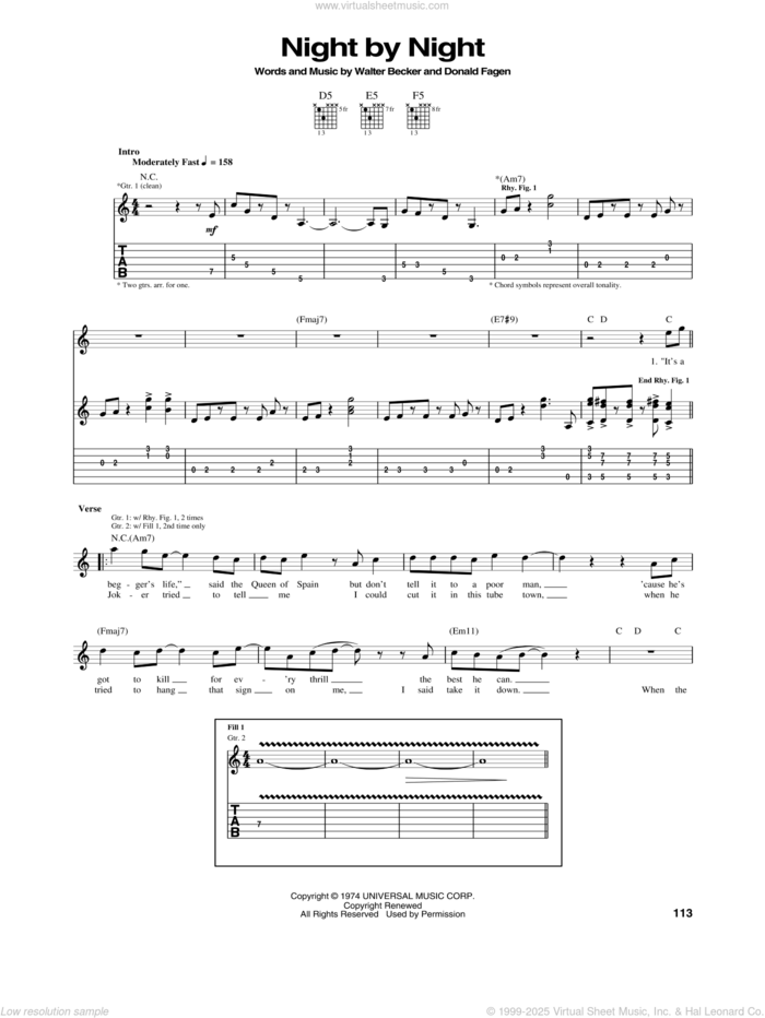 Night By Night sheet music for guitar (tablature) by Steely Dan, Donald Fagen and Walter Becker, intermediate skill level