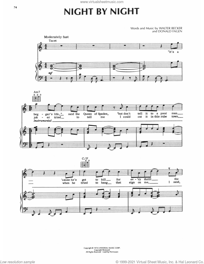 Night By Night sheet music for voice, piano or guitar by Steely Dan, Donald Fagen and Walter Becker, intermediate skill level