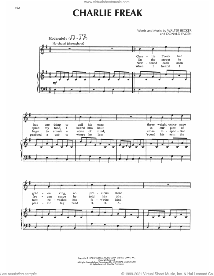 Charlie Freak sheet music for voice, piano or guitar by Steely Dan, Donald Fagen and Walter Becker, intermediate skill level