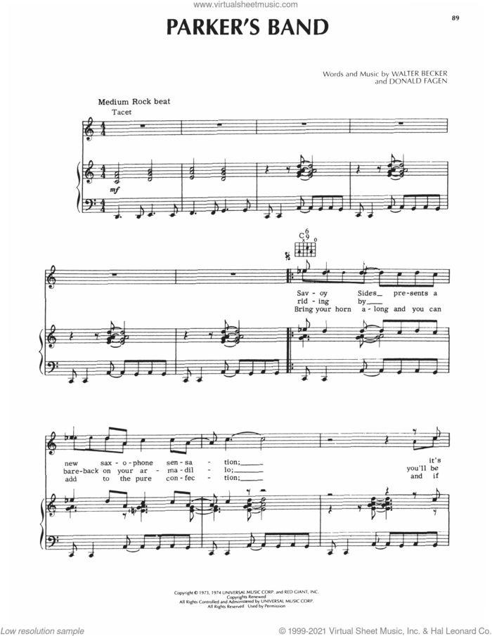 Parker's Band sheet music for voice, piano or guitar by Steely Dan, Donald Fagen and Walter Becker, intermediate skill level