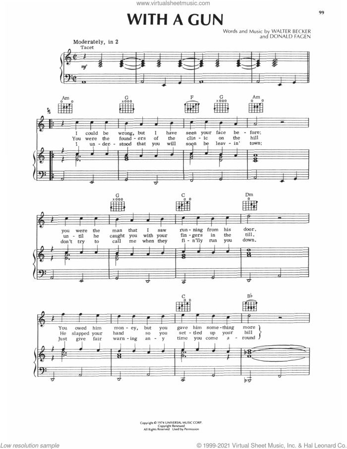 With A Gun sheet music for voice, piano or guitar by Steely Dan, Donald Fagen and Walter Becker, intermediate skill level