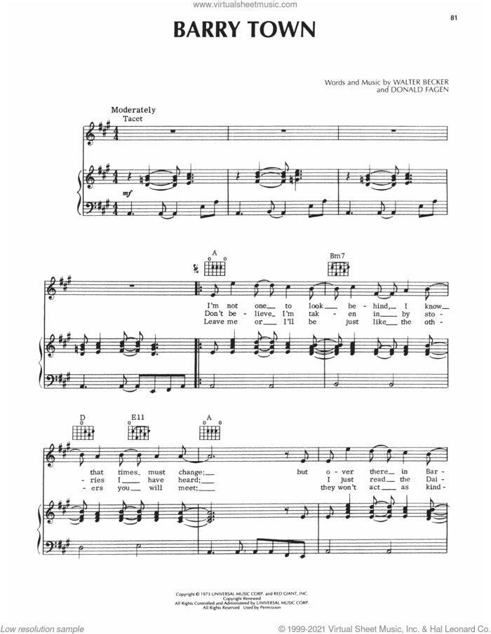 Barry Town sheet music for voice, piano or guitar by Steely Dan, Donald Fagen and Walter Becker, intermediate skill level