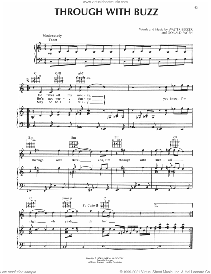 Through With Buzz sheet music for voice, piano or guitar by Steely Dan, Donald Fagen and Walter Becker, intermediate skill level