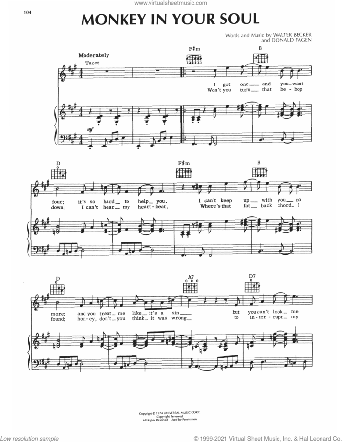 Monkey In Your Soul sheet music for voice, piano or guitar by Steely Dan, Donald Fagen and Walter Becker, intermediate skill level