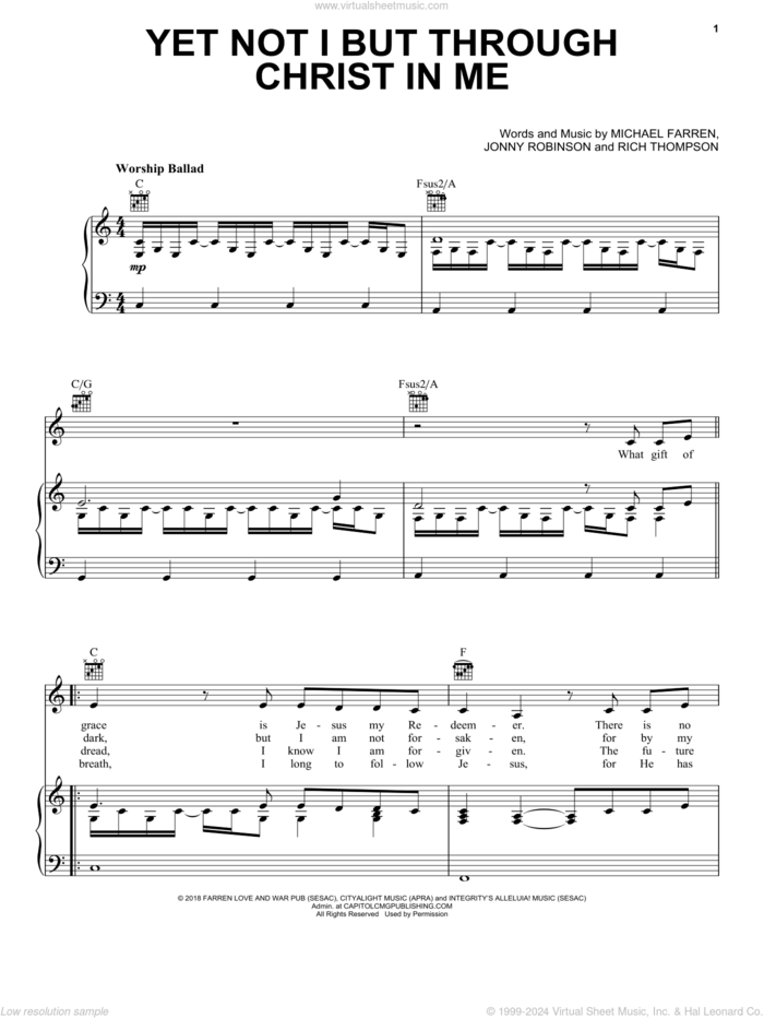 Yet Not I But Through Christ In Me sheet music for voice, piano or guitar by Michael Farren, City Alight, Jonny Robinson and Rich Thompson, intermediate skill level