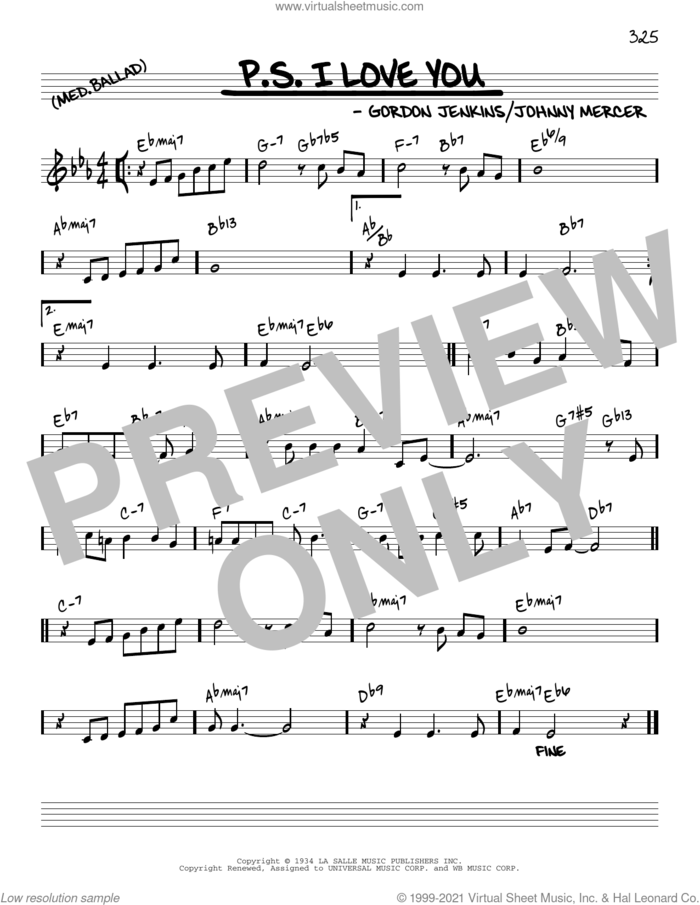 P.S. I Love You [Reharmonized version] (arr. Jack Grassel) sheet music for voice and other instruments (real book) by The Hilltoppers, Jack Grassel, Gordon Jenkins and Johnny Mercer, intermediate skill level
