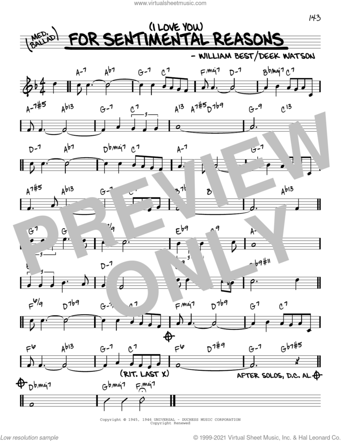 (I Love You) For Sentimental Reasons [Reharmonized version] (arr. Jack Grassel) sheet music for voice and other instruments (real book) by King Cole Trio, Jack Grassel, Deek Watson and William Best, intermediate skill level
