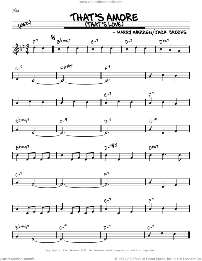 That's Amore (That's Love) [Reharmonized version] (arr. Jack Grassel) sheet music for voice and other instruments (real book) by Dean Martin, Jack Grassel, Harry Warren and Jack Brooks, intermediate skill level