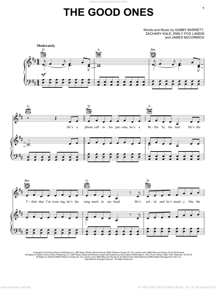 The Good Ones sheet music for voice, piano or guitar by Gabby Barrett, Emily Fox Landis, James McCormick and Zachary Kale, intermediate skill level