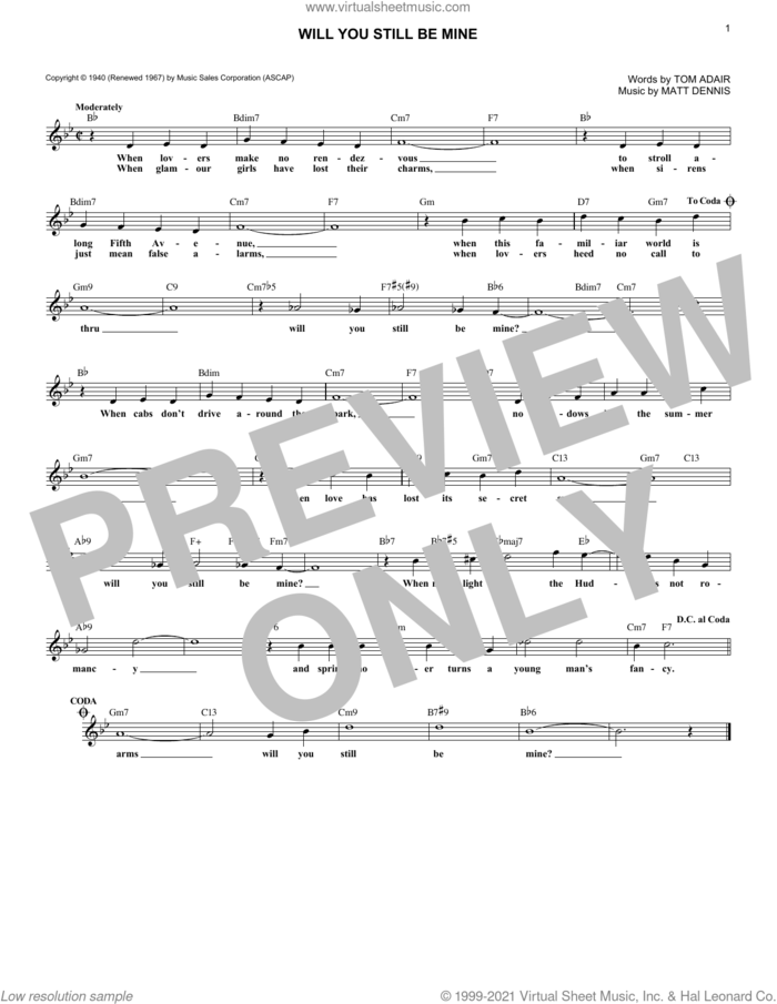 Will You Still Be Mine sheet music for voice and other instruments (fake book) by Matt Dennis and Tom Adair, intermediate skill level