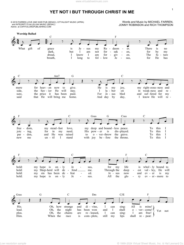 Yet Not I But Through Christ In Me sheet music for voice and other instruments (fake book) by Michael Farren, City Alight, Jonny Robinson and Rich Thompson, intermediate skill level