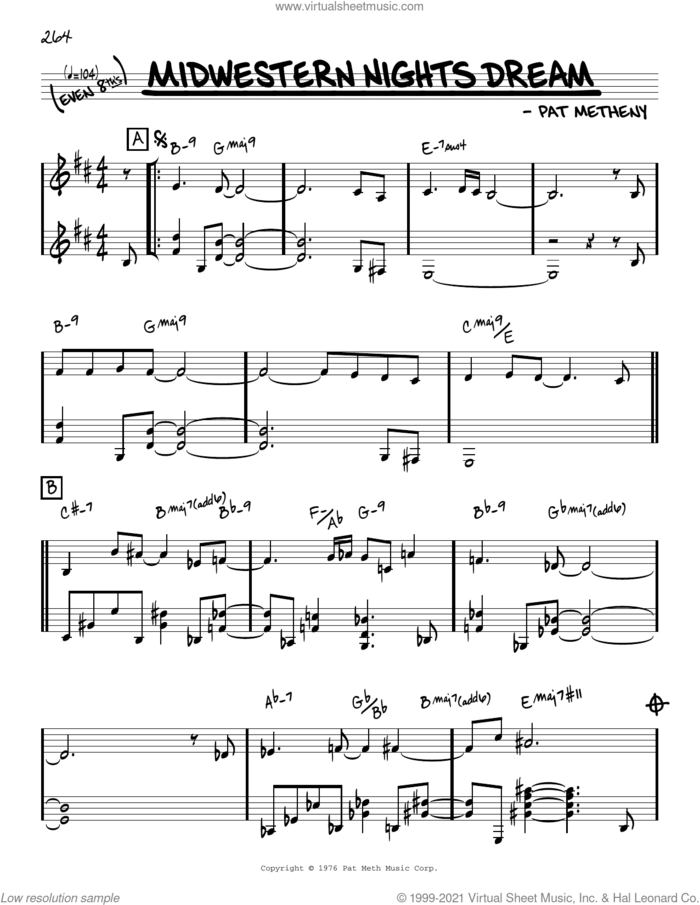 Midwestern Nights Dream [Reharmonized version] (arr. Jack Grassel) sheet music for voice and other instruments (real book) by Pat Metheny and Jack Grassel, intermediate skill level