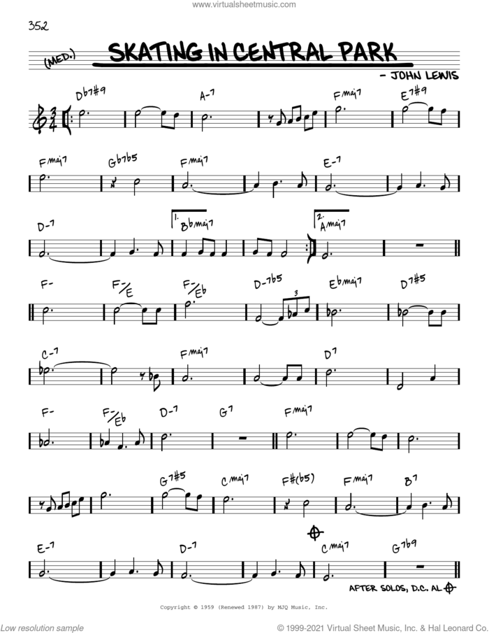Skating In Central Park [Reharmonized version] (arr. Jack Grassel) sheet music for voice and other instruments (real book) by John Lewis and Jack Grassel, intermediate skill level