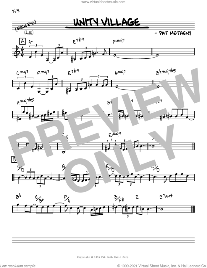 Unity Village [Reharmonized version] (arr. Jack Grassel) sheet music for voice and other instruments (real book) by Pat Metheny and Jack Grassel, intermediate skill level