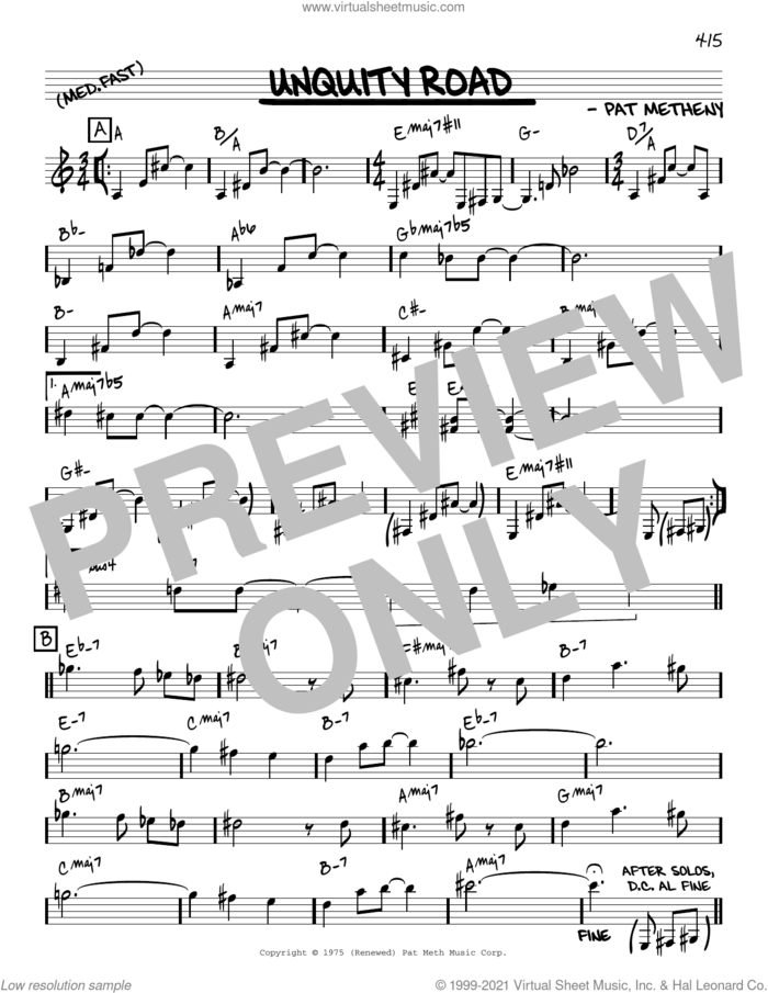 Unquity Road [Reharmonized version] (arr. Jack Grassel) sheet music for voice and other instruments (real book) by Pat Metheny and Jack Grassel, intermediate skill level