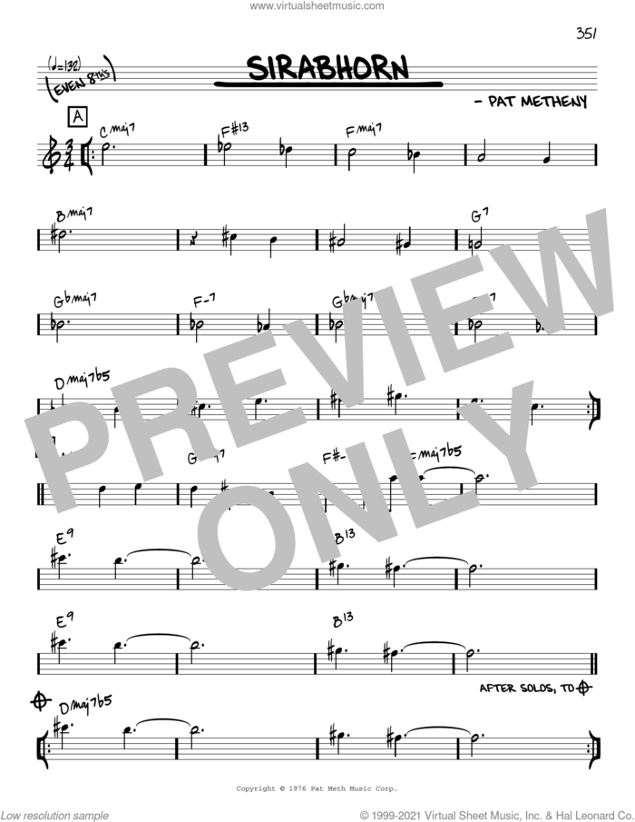 Sirabhorn [Reharmonized version] (arr. Jack Grassel) sheet music for voice and other instruments (real book) by Pat Metheny and Jack Grassel, intermediate skill level