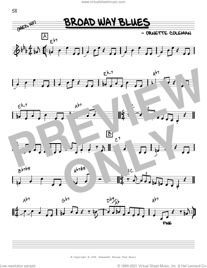 Broad Way Blues [Reharmonized version] (arr. Jack Grassel) sheet music for voice and other instruments (real book) by Ornette Coleman and Jack Grassel, intermediate skill level