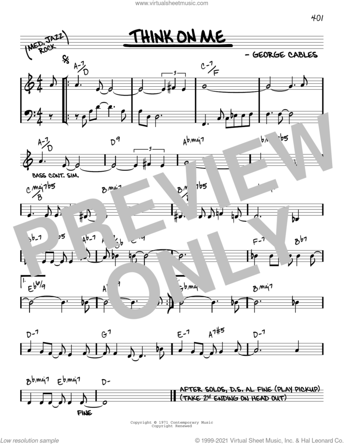 Think On Me [Reharmonized version] (arr. Jack Grassel) sheet music for voice and other instruments (real book) by George Cables and Jack Grassel, intermediate skill level