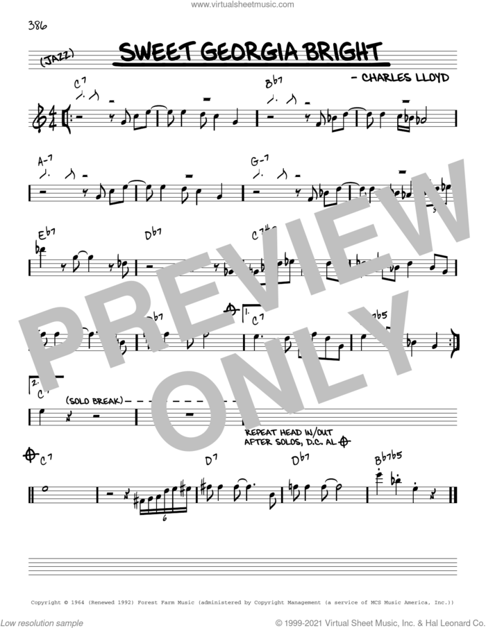 Sweet Georgia Bright [Reharmonized version] (arr. Jack Grassel) sheet music for voice and other instruments (real book) by Charles Lloyd and Jack Grassel, intermediate skill level