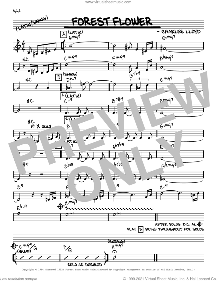 Forest Flower [Reharmonized version] (arr. Jack Grassel) sheet music for voice and other instruments (real book) by Charles Lloyd and Jack Grassel, intermediate skill level