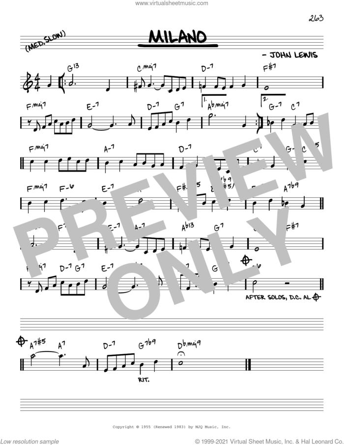 Milano [Reharmonized version] (arr. Jack Grassel) sheet music for voice and other instruments (real book) by John Lewis and Jack Grassel, intermediate skill level