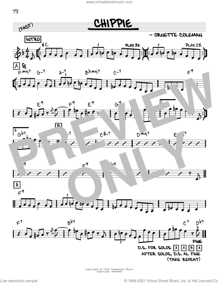Chippie [Reharmonized version] (arr. Jack Grassel) sheet music for voice and other instruments (real book) by Ornette Coleman and Jack Grassel, intermediate skill level