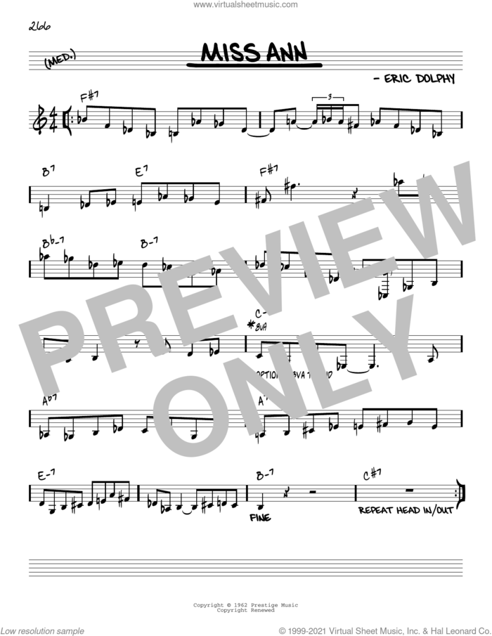 Miss Ann [Reharmonized version] (arr. Jack Grassel) sheet music for voice and other instruments (real book) by Eric Dolphy and Jack Grassel, intermediate skill level