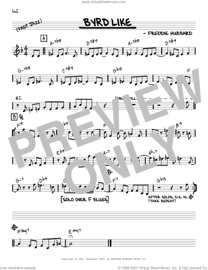 Byrd Like [Reharmonized version] (arr. Jack Grassel) sheet music for voice and other instruments (real book) by Freddie Hubbard and Jack Grassel, intermediate skill level