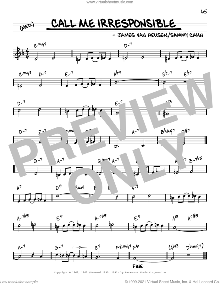 Call Me Irresponsible [Reharmonized version] (arr. Jack Grassel) sheet music for voice and other instruments (real book) by Frank Sinatra, Jack Grassel, Dinah Washington, Jimmy van Heusen and Sammy Cahn, intermediate skill level