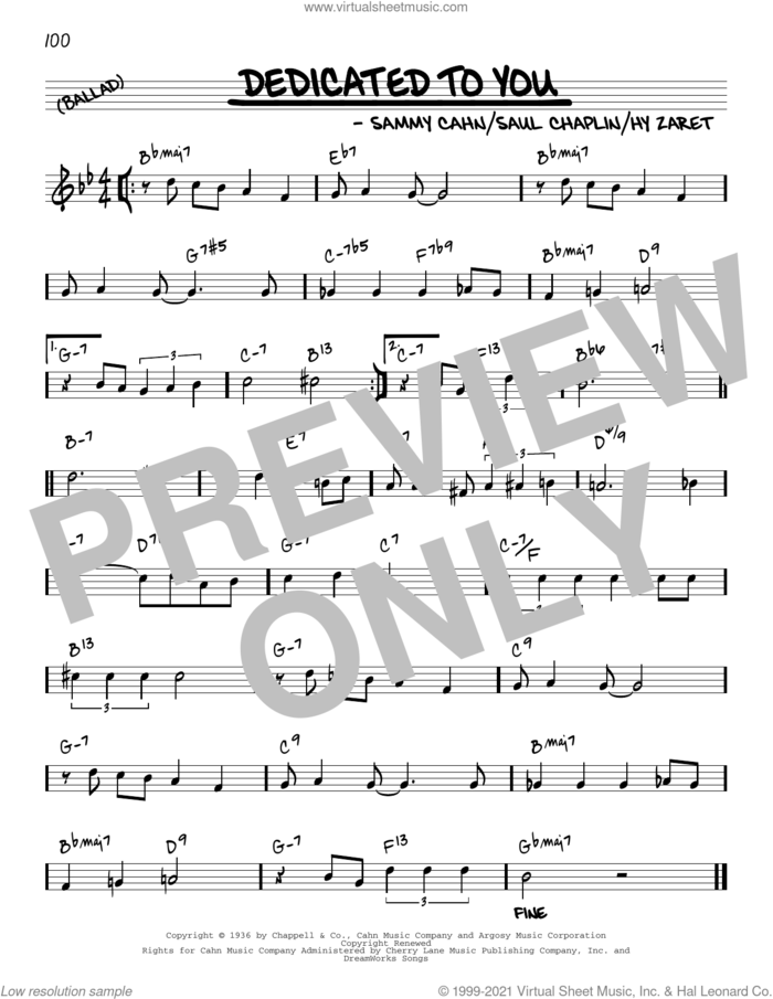 Dedicated To You [Reharmonized version] (arr. Jack Grassel) sheet music for voice and other instruments (real book) by Sammy Cahn, Jack Grassel, Hy Zaret and Saul Chaplin, intermediate skill level