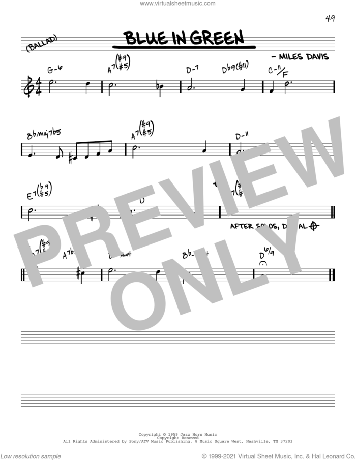 Blue In Green [Reharmonized version] (arr. Jack Grassel) sheet music for voice and other instruments (real book) by Miles Davis and Jack Grassel, intermediate skill level
