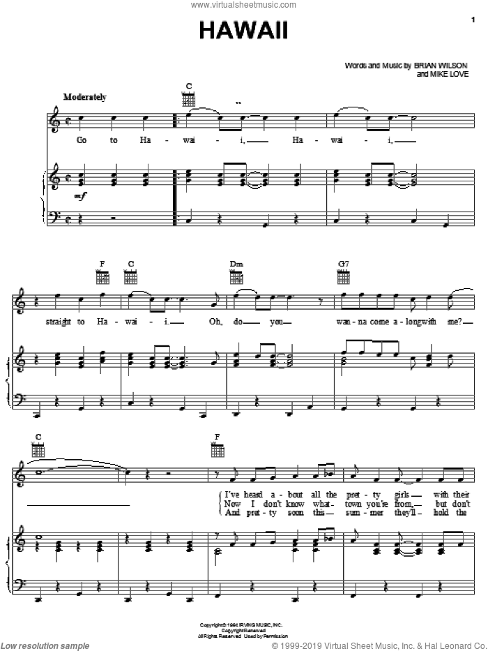 Hawaii sheet music for voice, piano or guitar by The Beach Boys, Brian Wilson and Mike Love, intermediate skill level