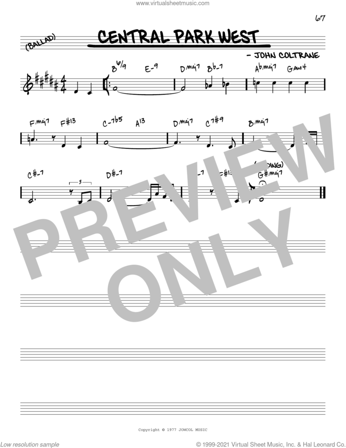 Central Park West [Reharmonized version] (arr. Jack Grassel) sheet music for voice and other instruments (real book) by John Coltrane and Jack Grassel, intermediate skill level