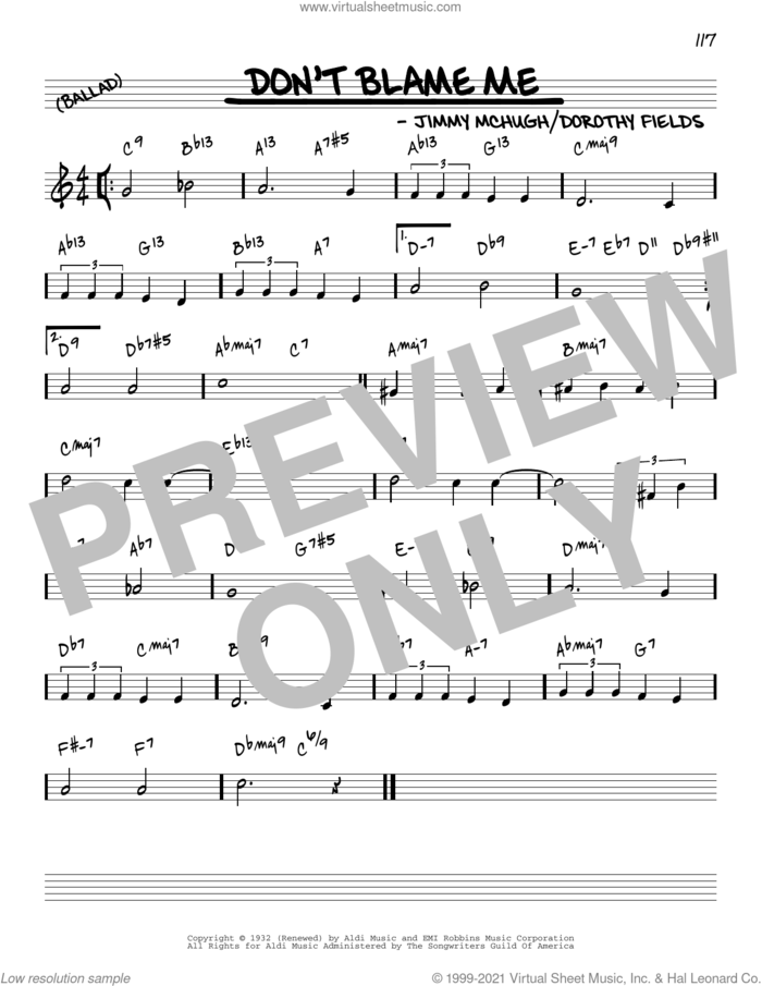 Don't Blame Me [Reharmonized version] (arr. Jack Grassel) sheet music for voice and other instruments (real book) by Dorothy Fields, Jack Grassel and Jimmy McHugh, intermediate skill level