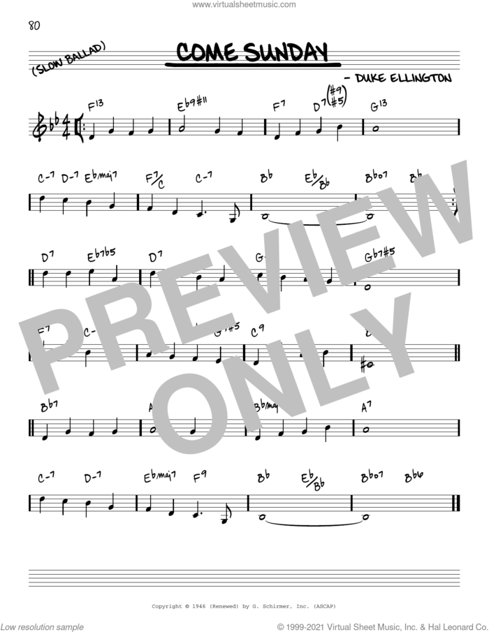 Come Sunday [Reharmonized version] (arr. Jack Grassel) sheet music for voice and other instruments (real book) by Duke Ellington and Jack Grassel, intermediate skill level