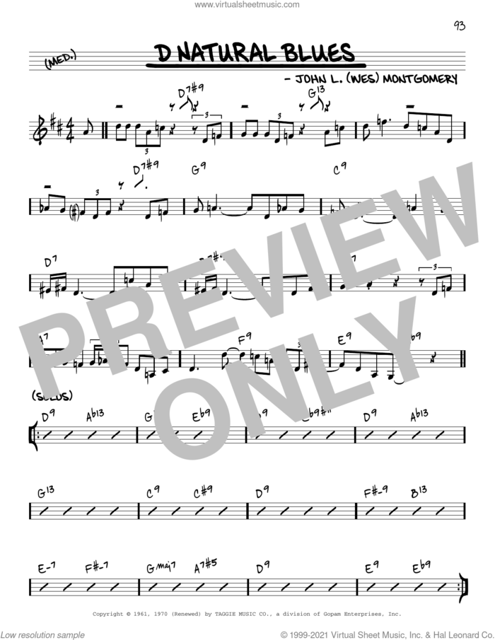 D Natural Blues [Reharmonized version] (arr. Jack Grassel) sheet music for voice and other instruments (real book) by Wes Montgomery and Jack Grassel, intermediate skill level