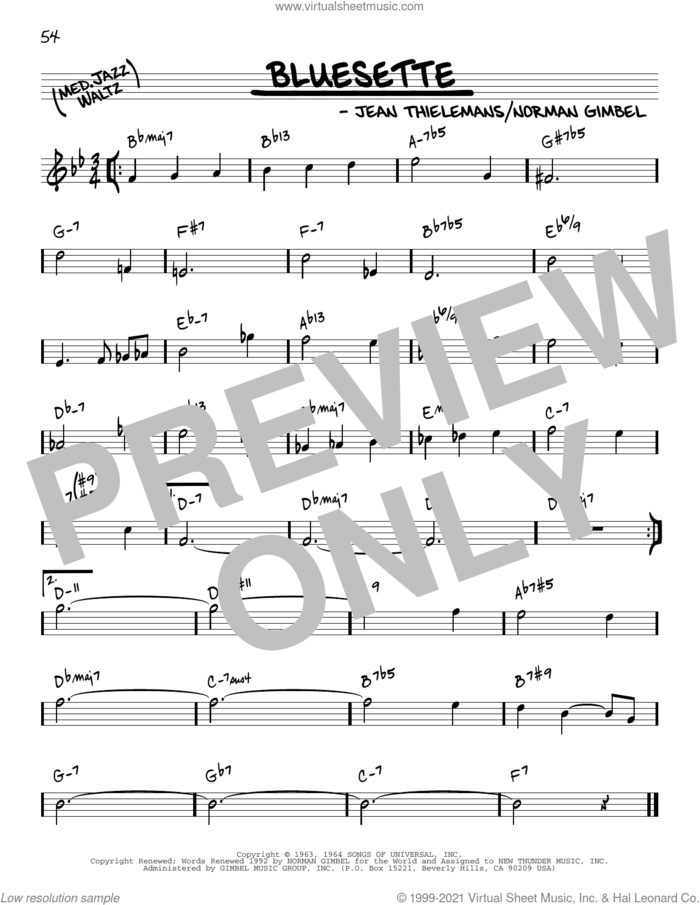 Bluesette [Reharmonized version] (arr. Jack Grassel) sheet music for voice and other instruments (real book) by Toots Thielmans, Jack Grassel, Jean Thielemans and Norman Gimbel, intermediate skill level