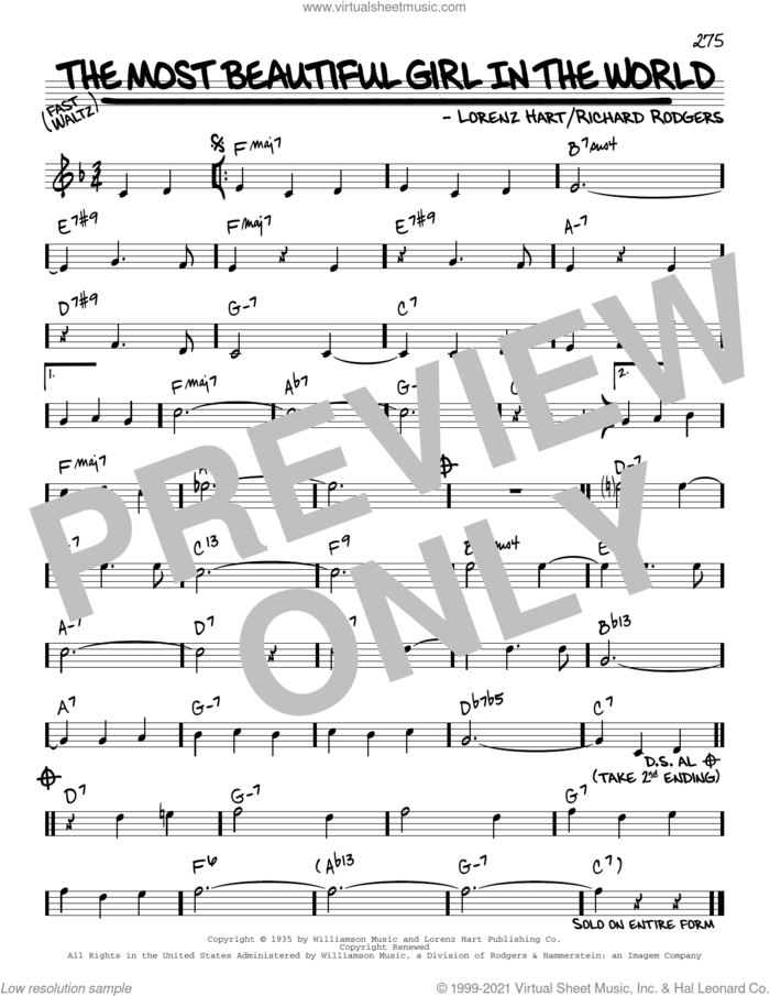 The Most Beautiful Girl In The World [Reharmonized version] (arr. Jack Grassel) sheet music for voice and other instruments (real book) by Rodgers & Hart, Jack Grassel, Lorenz Hart and Richard Rodgers, intermediate skill level