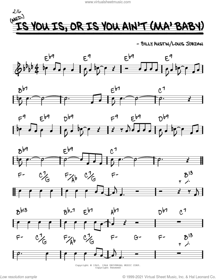 Is You Is, Or Is You Ain't (Ma' Baby) [Reharmonized version] (arr. Jack Grassel) sheet music for voice and other instruments (real book) by Louis Jordan and his Tympany Five, Jack Grassel, Billy Austin and Louis Jordan, intermediate skill level