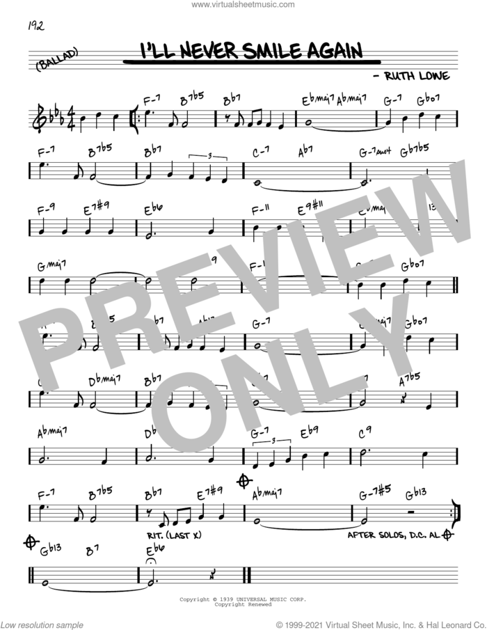 I'll Never Smile Again [Reharmonized version] (arr. Jack Grassel) sheet music for voice and other instruments (real book) by Tommy Dorsey & His Orchestra, Jack Grassel and Ruth Lowe, intermediate skill level