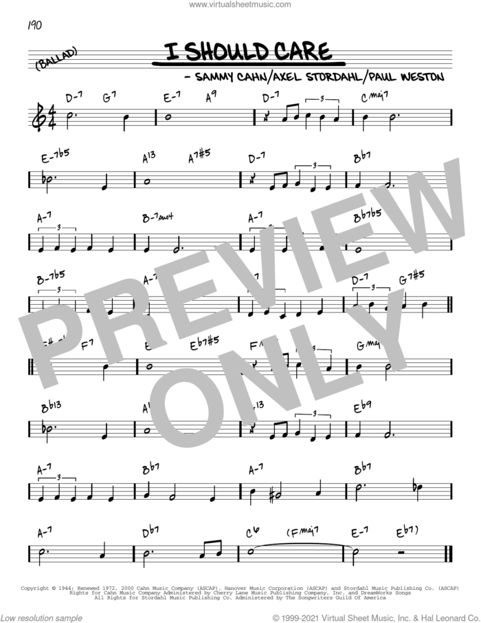I Should Care [Reharmonized version] (arr. Jack Grassel) sheet music for voice and other instruments (real book) by Sammy Cahn, Jack Grassel, Axel Stordahl and Paul Weston, intermediate skill level