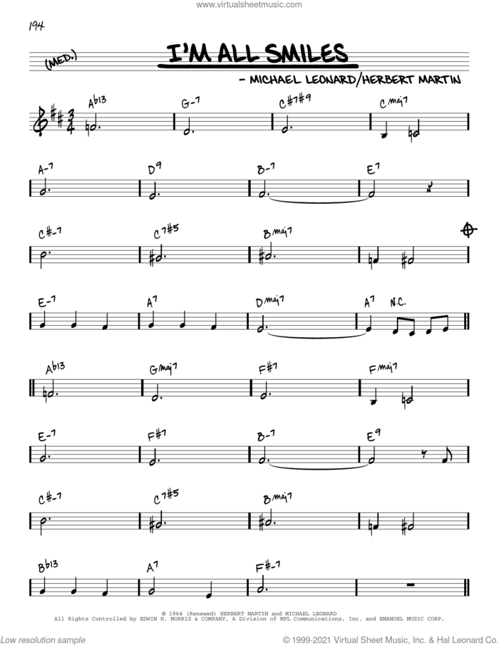 I'm All Smiles [Reharmonized version] (from The Yearling) (arr. Jack Grassel) sheet music for voice and other instruments (real book) by Herbert Martin and Michael Leonard, Jack Grassel, Herbert Martin and Michael Leonard, intermediate skill level