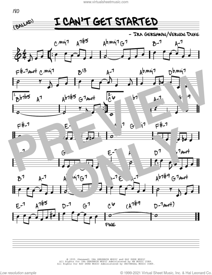 I Can't Get Started [Reharmonized version] (from Ziegfeld Follies) (arr. Jack Grassel) sheet music for voice and other instruments (real book) by Ira Gershwin, Jack Grassel and Vernon Duke, intermediate skill level