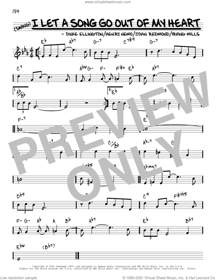 I Let A Song Go Out Of My Heart [Reharmonized version] (arr. Jack Grassel) sheet music for voice and other instruments (real book) by Duke Ellington, Jack Grassel, Henry Nemo, Irving Mills and John Redmond, intermediate skill level