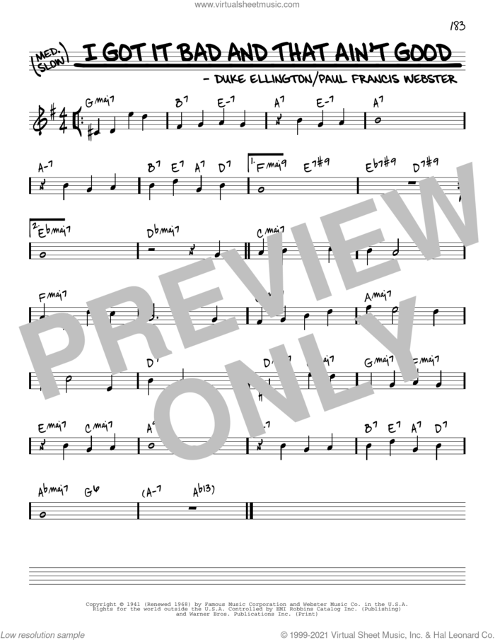 I Got It Bad And That Ain't Good [Reharmonized version] (arr. Jack Grassel) sheet music for voice and other instruments (real book) by Duke Ellington, Jack Grassel and Paul Francis Webster, intermediate skill level