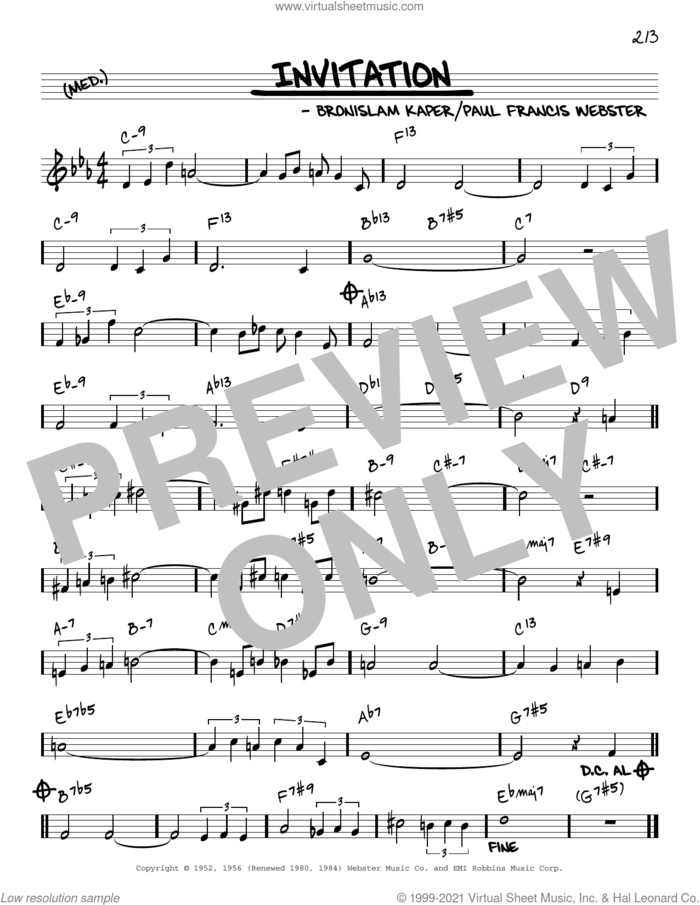 Invitation [Reharmonized version] (arr. Jack Grassel) sheet music for voice and other instruments (real book) by Paul Francis Webster, Jack Grassel and Bronislau Kaper, intermediate skill level