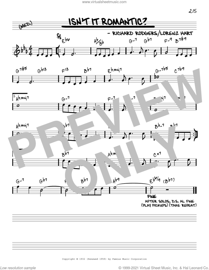 Isn't It Romantic? [Reharmonized version] (from Love Me Tonight) (arr. Jack Grassel) sheet music for voice and other instruments (real book) by Rodgers & Hart, Jack Grassel, Shirley Horn, Lorenz Hart and Richard Rodgers, intermediate skill level