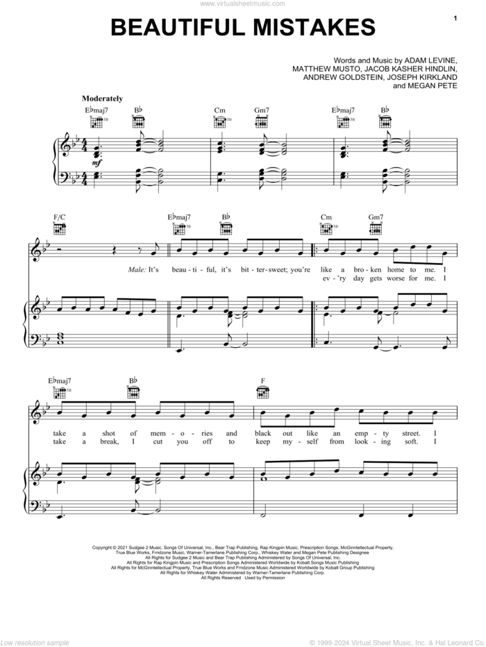 Beautiful Mistakes (feat. Megan Thee Stallion) sheet music for voice, piano or guitar by Maroon 5, Adam Levine, Andrew Goldstein, Jacob Kasher Hindlin, Joseph Kirkland, Matthew Musto and Megan Pete, intermediate skill level