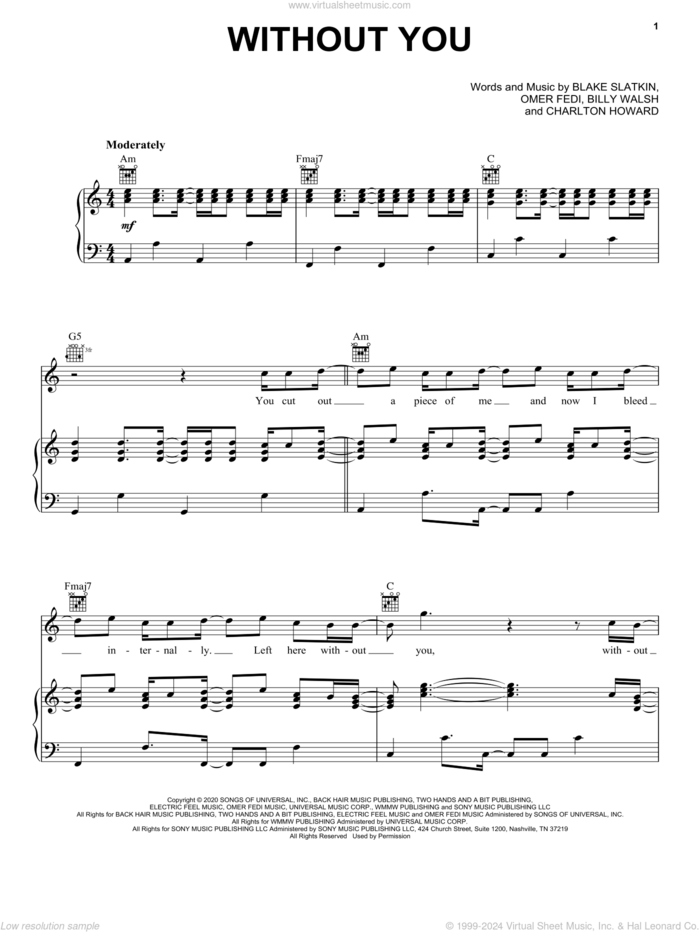 Without You sheet music for voice, piano or guitar by The Kid LAROI, Billy Walsh, Blake Slatkin, Charlton Howard and Omer Fedi, intermediate skill level