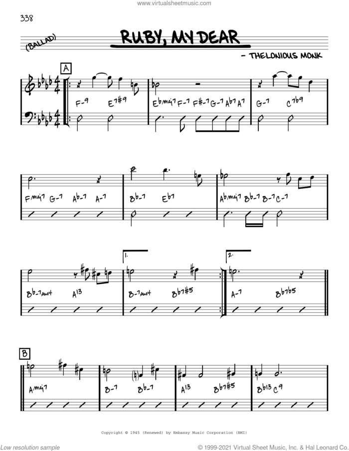 Ruby, My Dear [Reharmonized version] (arr. Jack Grassel) sheet music for voice and other instruments (real book) by Thelonious Monk and Jack Grassel, intermediate skill level